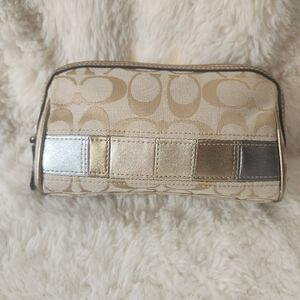Coach Tan Signature Y2K Patchwork Multicolor Metallic Zip Cosmetic Case Bag EUC
